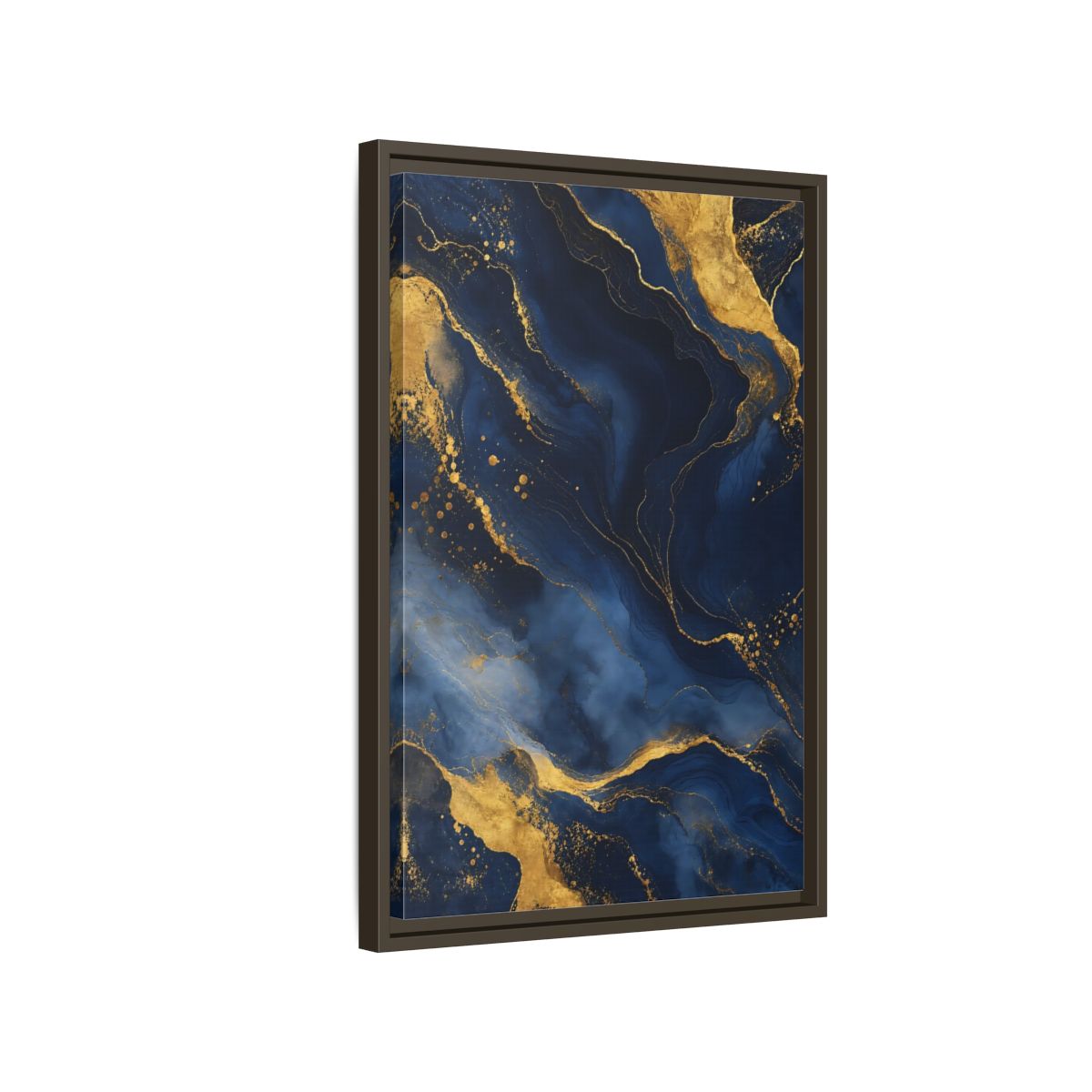 Side Mockup 2. Abstract Abstract Marble Blue And Gold shown as stretched canvas wall art