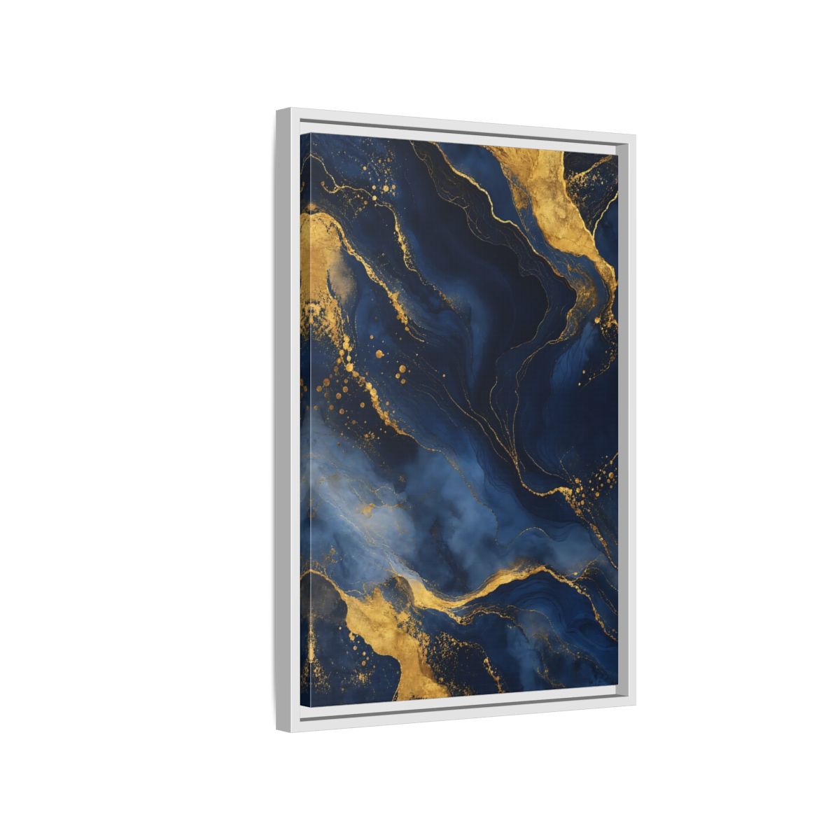 Side Mockup 1. Abstract Abstract Marble Blue And Gold shown as stretched canvas wall art