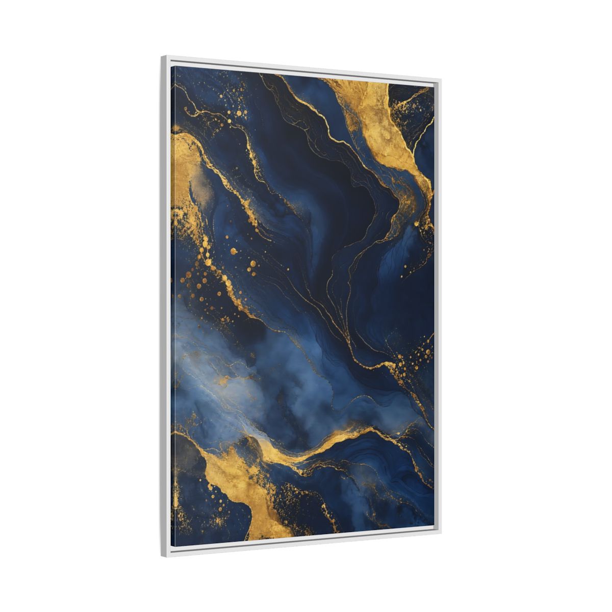 Side Mockup 7. Abstract Abstract Marble Blue And Gold shown as stretched canvas wall art