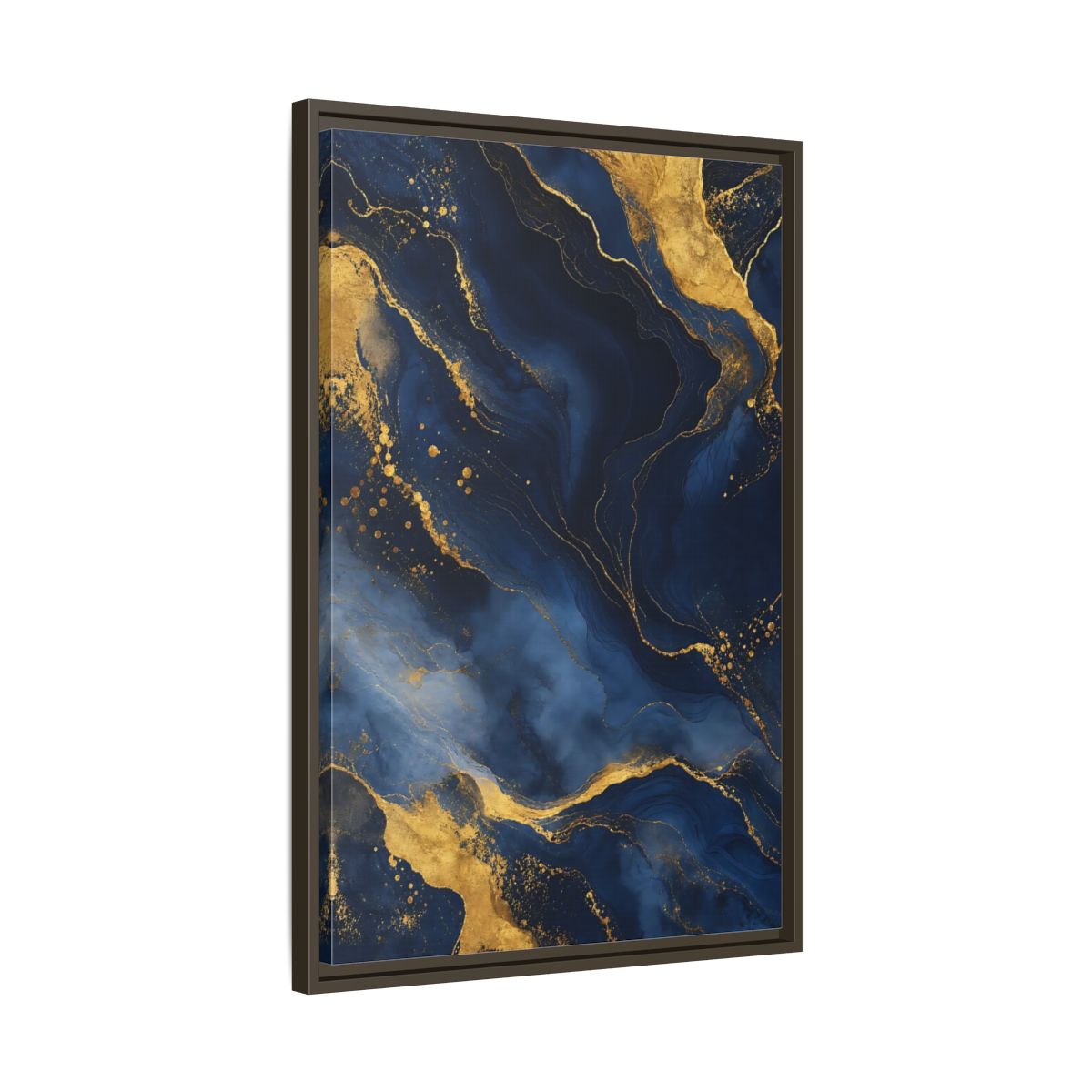 Side Mockup 11. Abstract Abstract Marble Blue And Gold shown as stretched canvas wall art