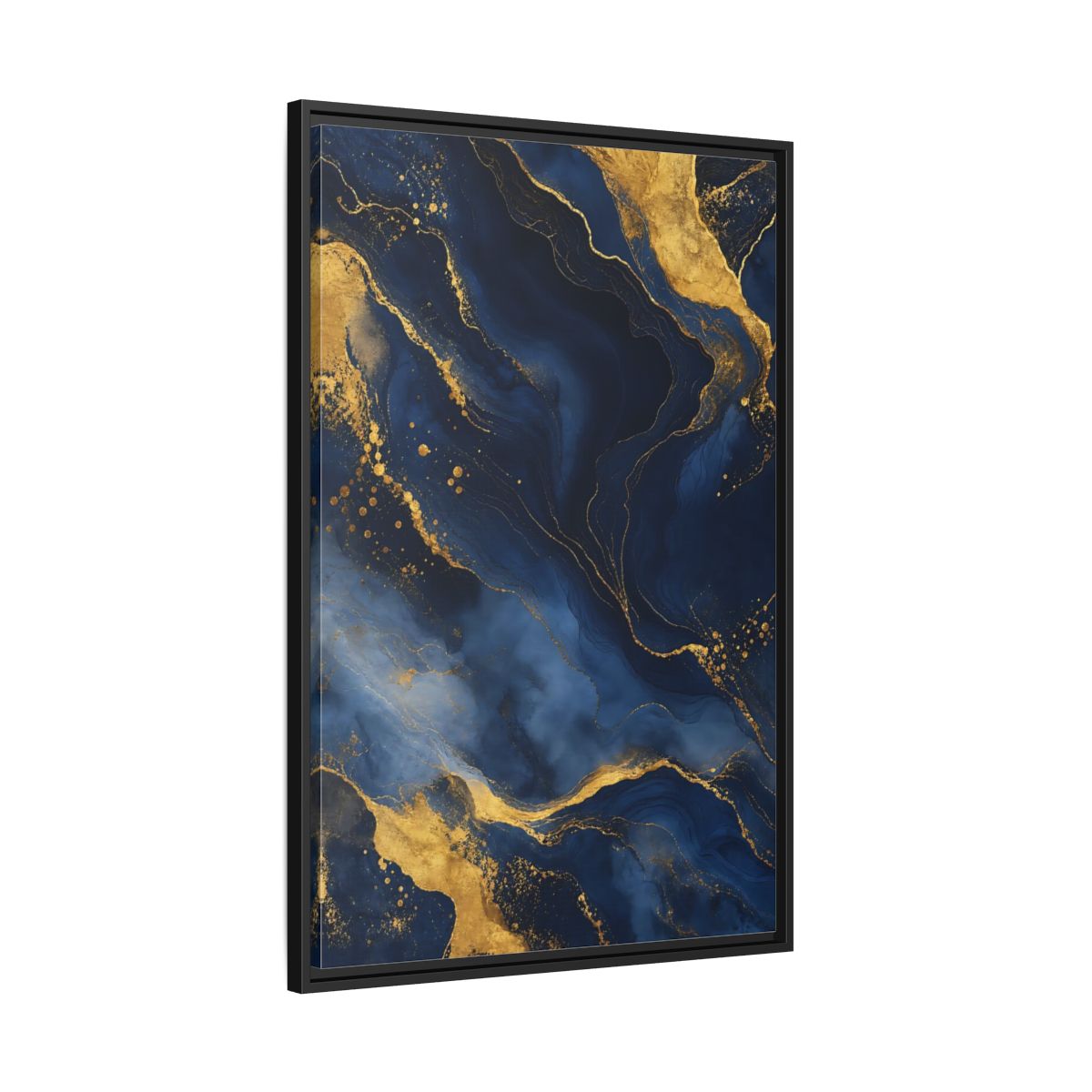 Side Mockup 13. Abstract Abstract Marble Blue And Gold shown as stretched canvas wall art