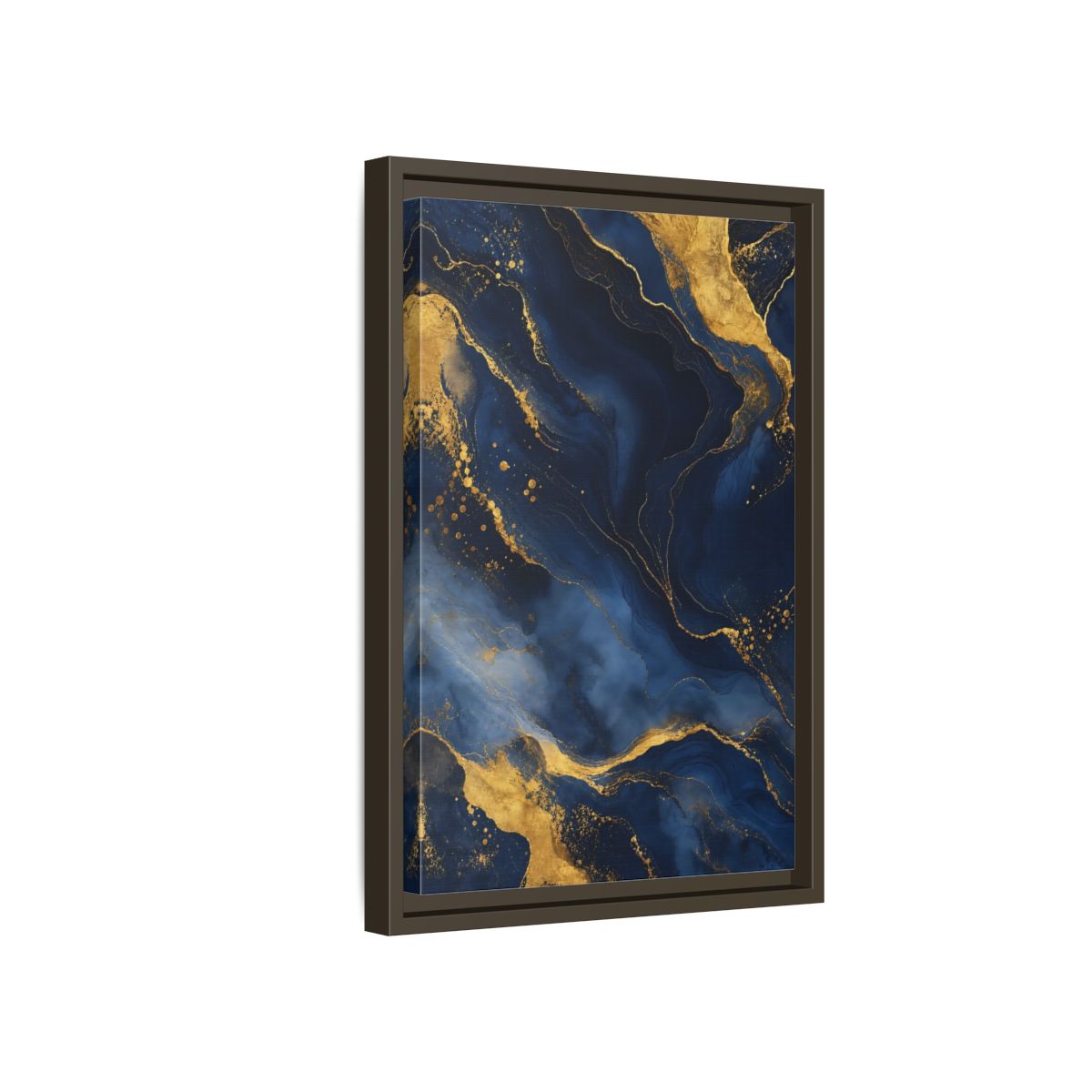 Side Mockup 5. Abstract Abstract Marble Blue And Gold shown as stretched canvas wall art