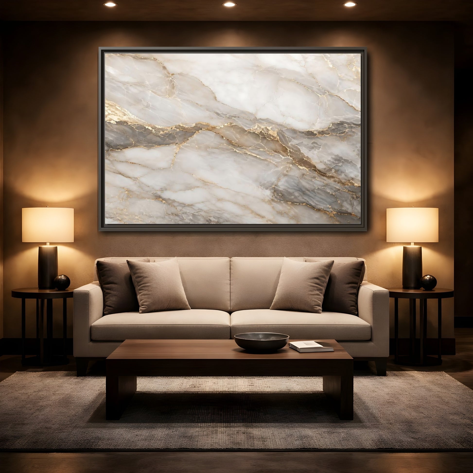 Mockup 2. Abstract Marble Gold And Gray Marble shown as stretched canvas wall art