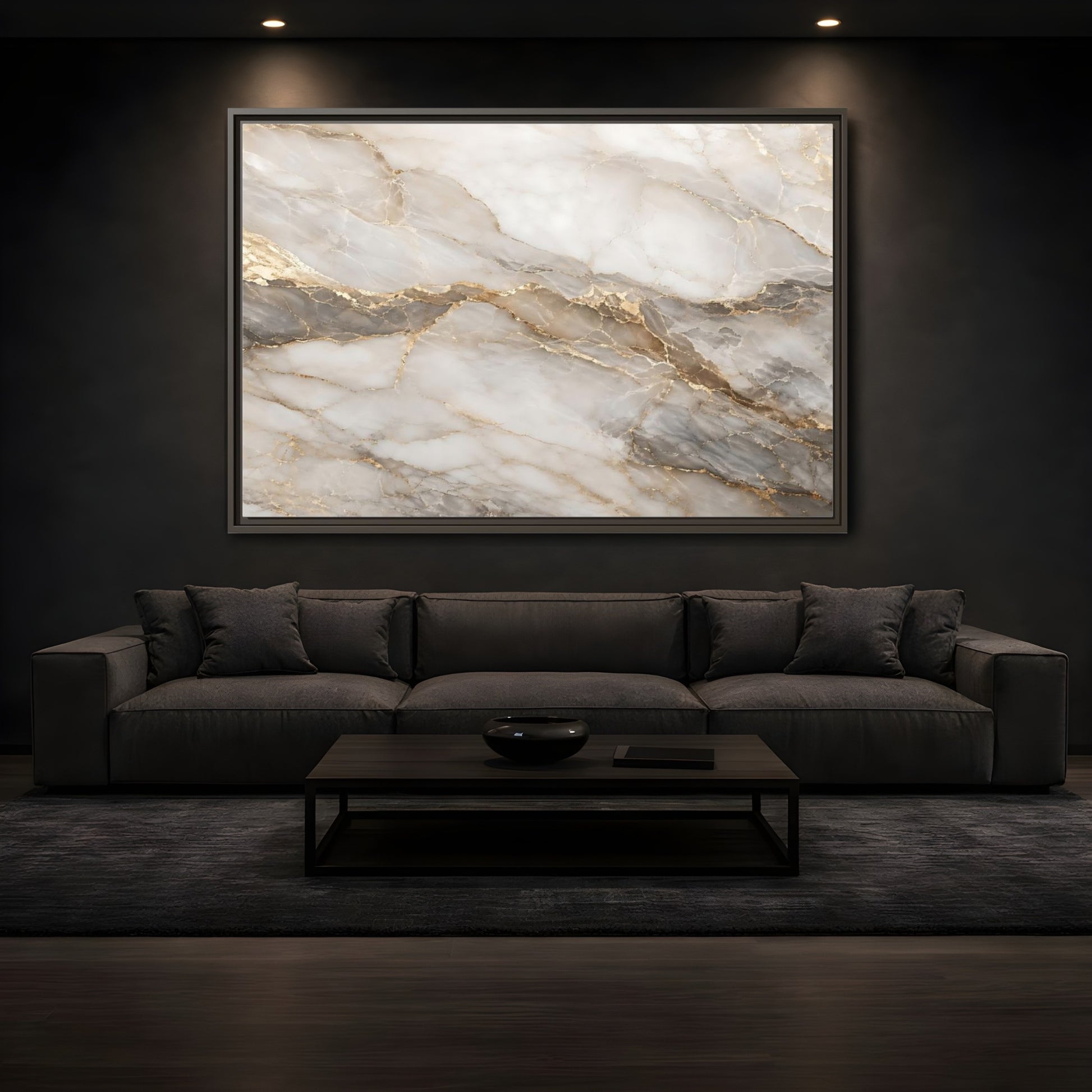 Mockup 3. Abstract Marble Gold And Gray Marble shown as stretched canvas wall art