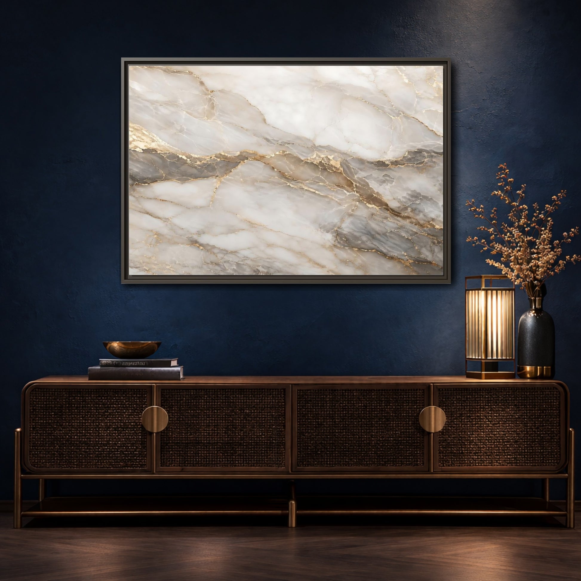 Mockup 4. Abstract Marble Gold And Gray Marble shown as stretched canvas wall art