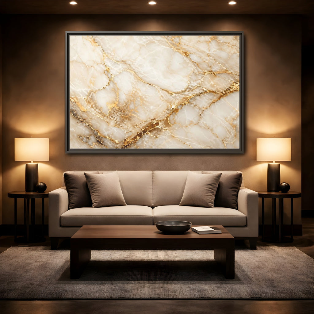 Mockup 2. Abstract Marble Gold Marble shown as stretched canvas wall art