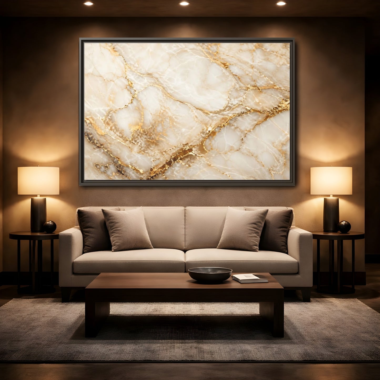 Mockup 2. Abstract Marble Gold Marble shown as stretched canvas wall art