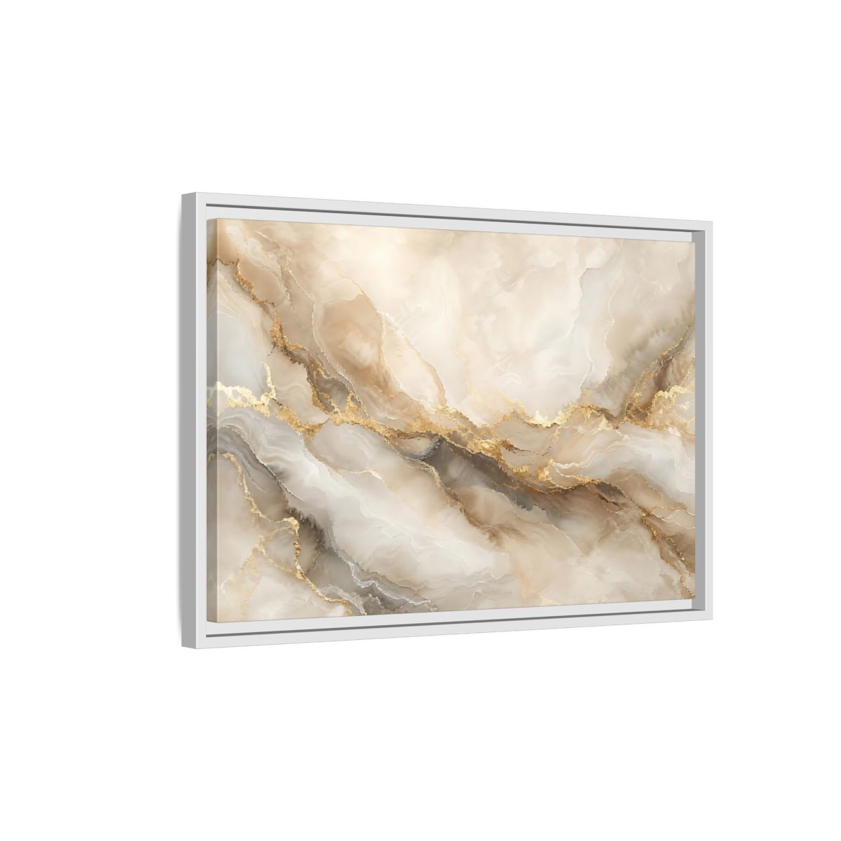 Side Mockup 1. Abstract Marble Pattern Gold And Beige shown as stretched canvas wall art