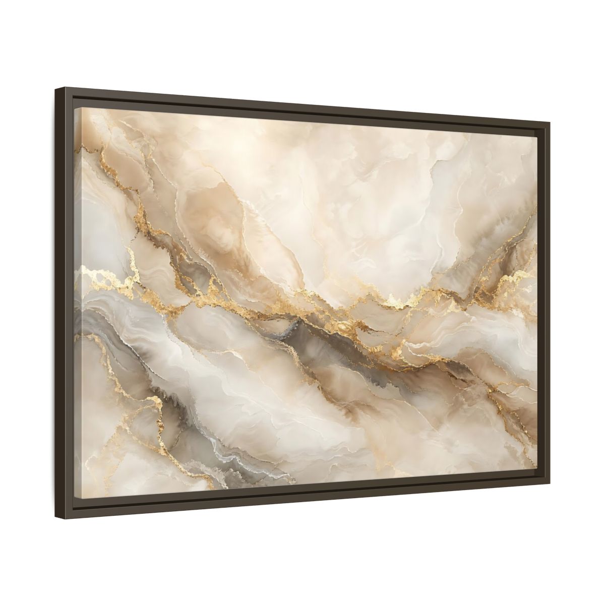 Side Mockup 11. Abstract Marble Pattern Gold And Beige shown as stretched canvas wall art