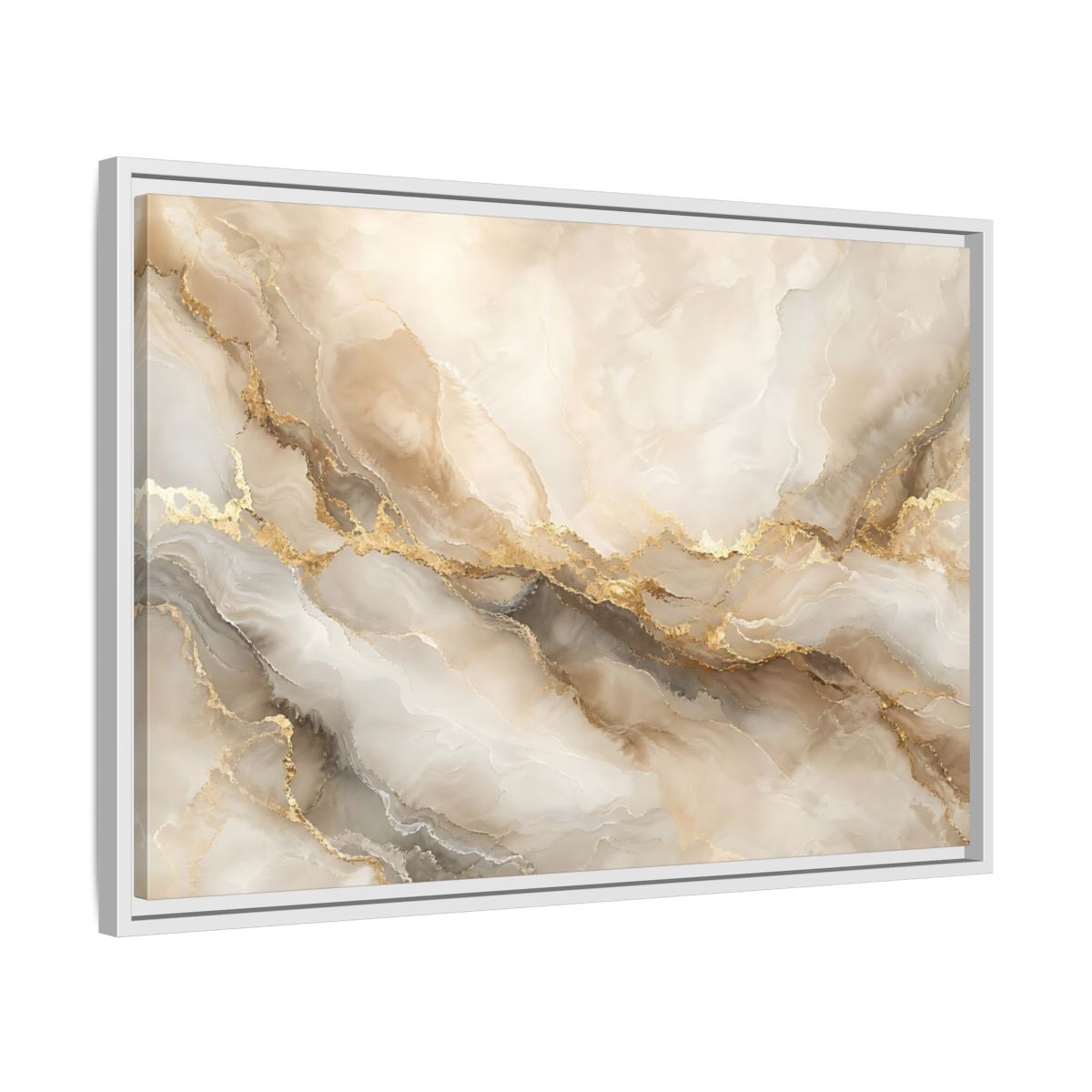 Side Mockup 10. Abstract Marble Pattern Gold And Beige shown as stretched canvas wall art