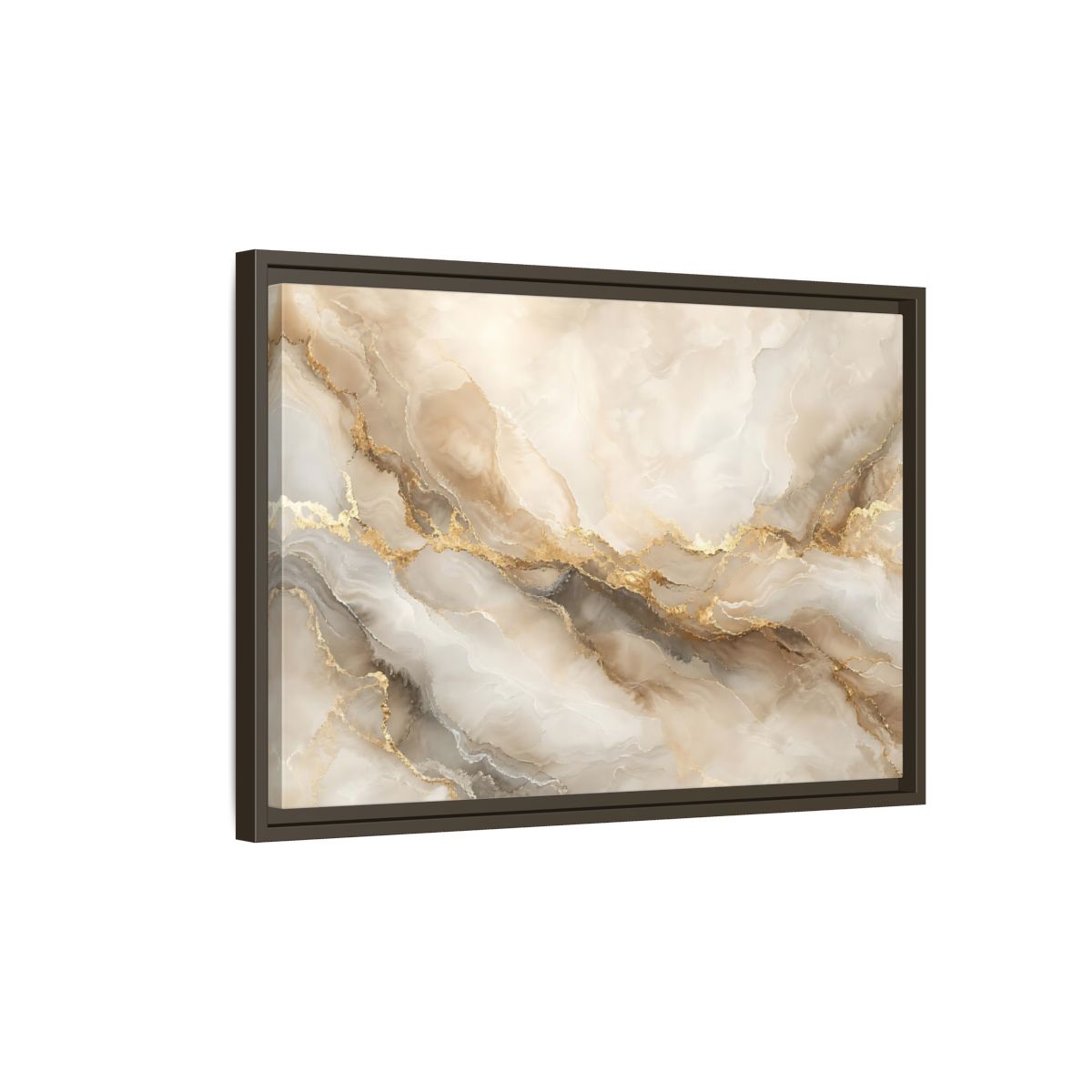 Side Mockup 2. Abstract Marble Pattern Gold And Beige shown as stretched canvas wall art