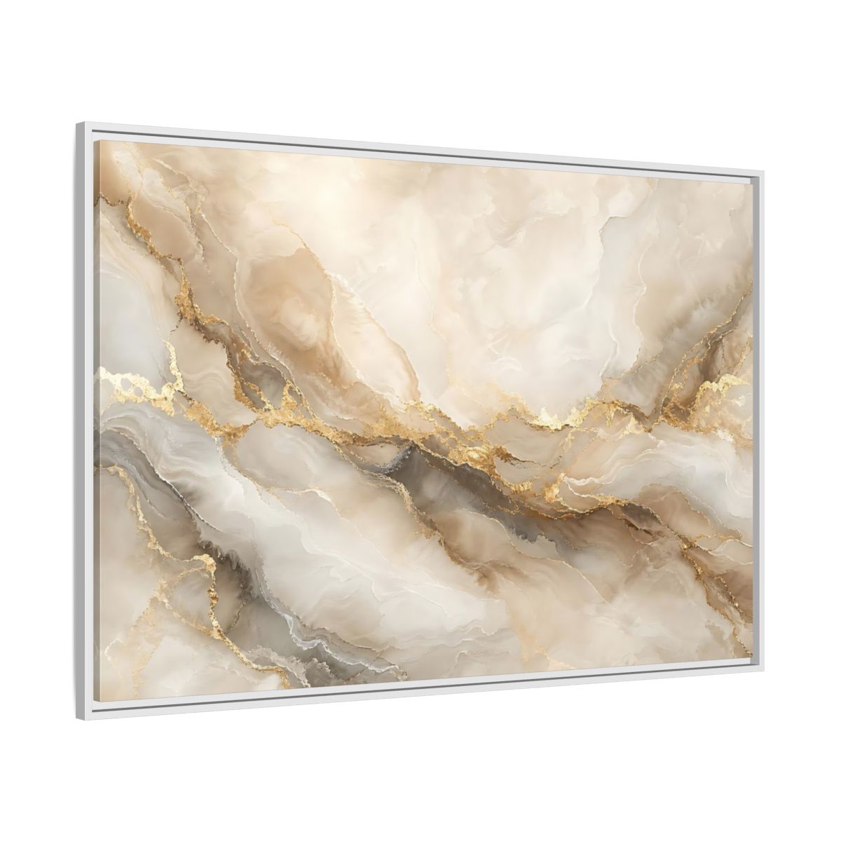 Side Mockup 7. Abstract Marble Pattern Gold And Beige shown as stretched canvas wall art