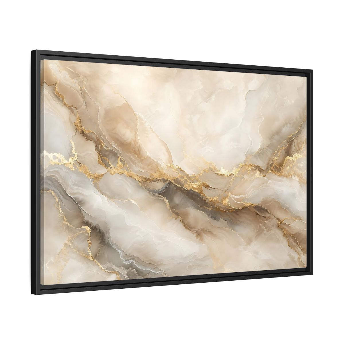 Side Mockup 13. Abstract Marble Pattern Gold And Beige shown as stretched canvas wall art