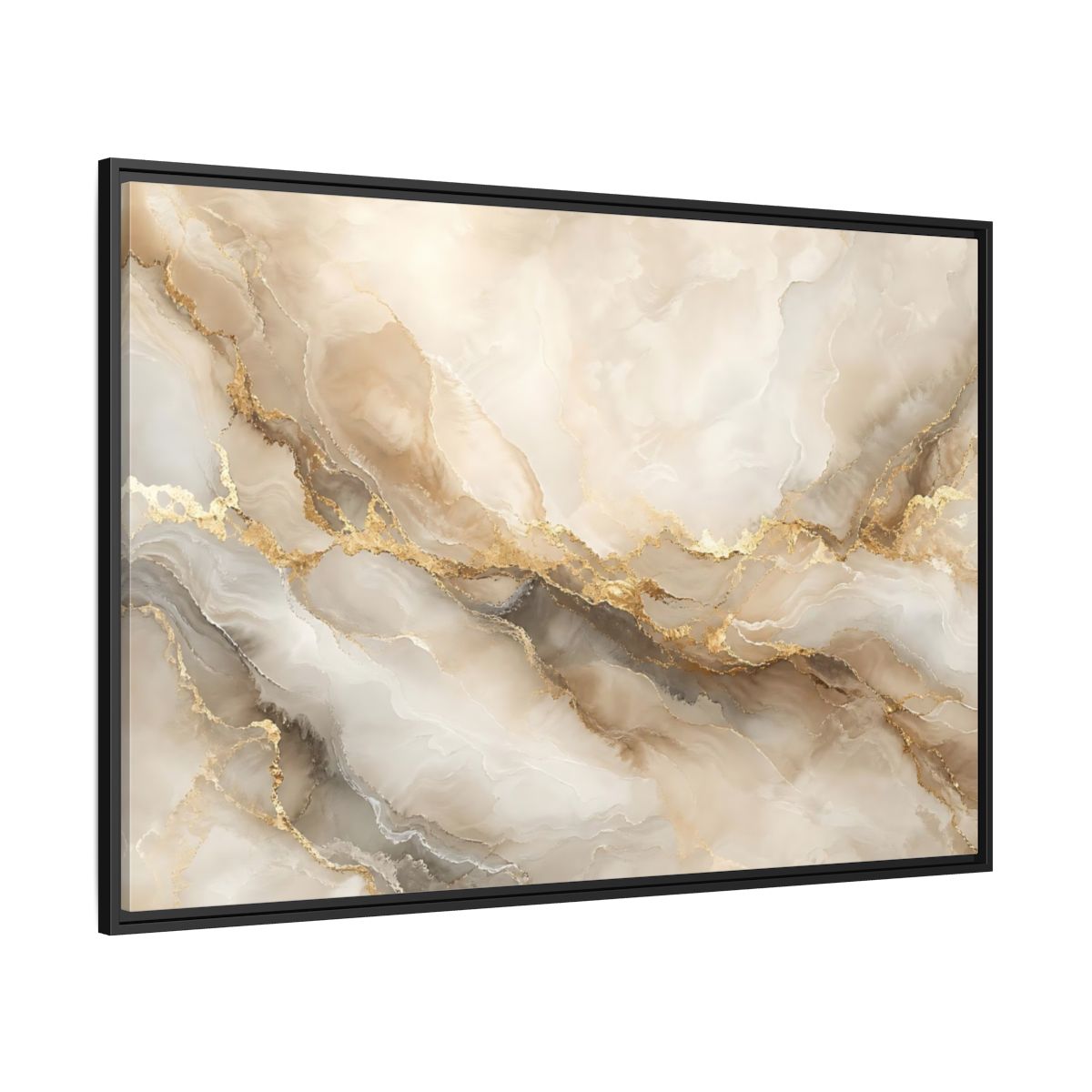 Side Mockup 12. Abstract Marble Pattern Gold And Beige shown as stretched canvas wall art