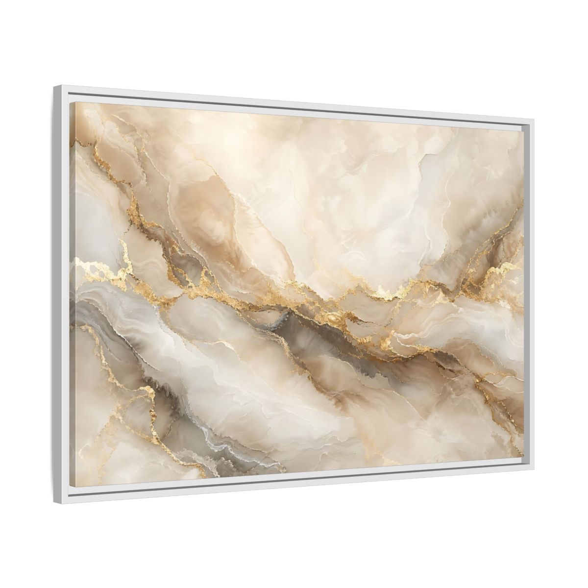 Side Mockup 9. Abstract Marble Pattern Gold And Beige shown as stretched canvas wall art