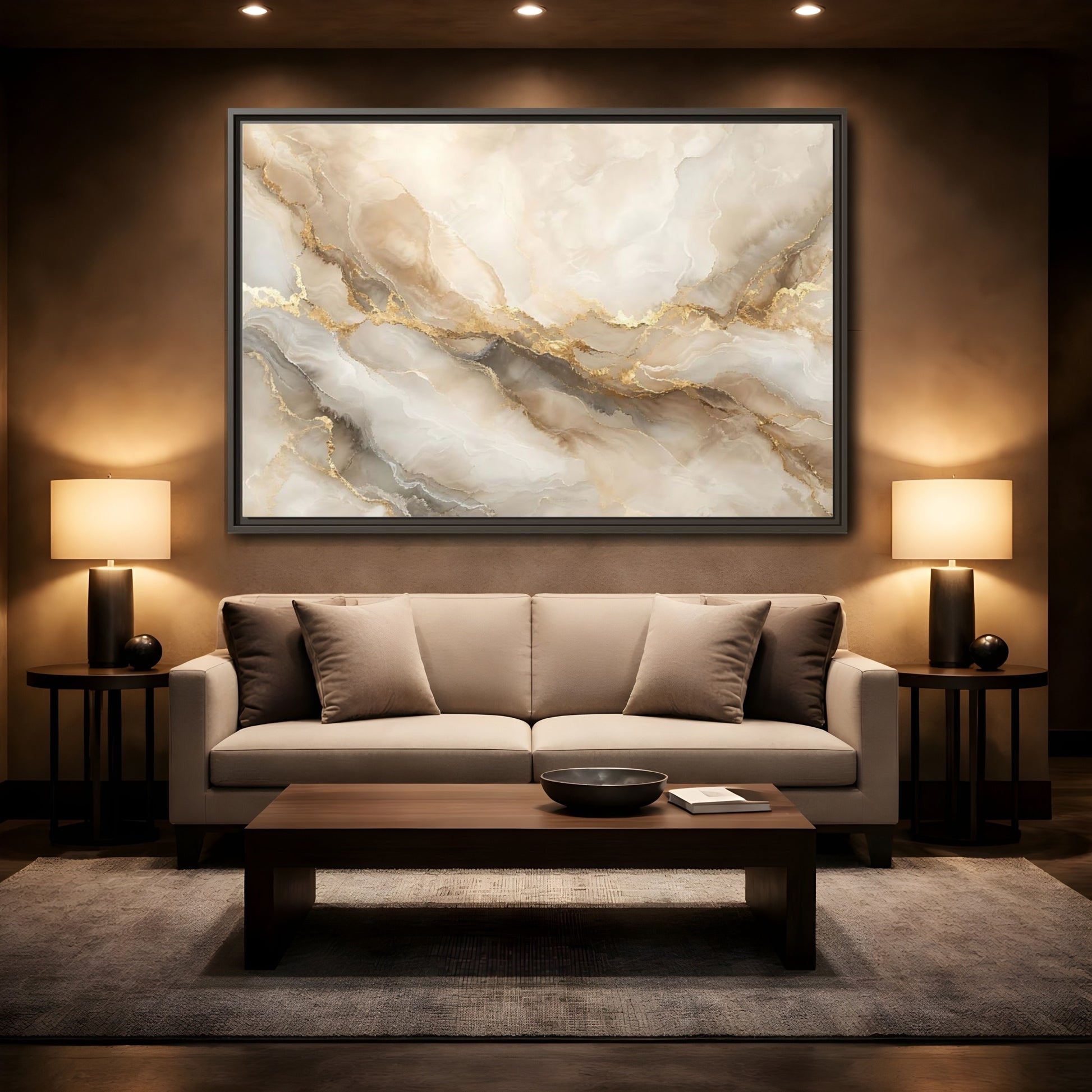 Mockup 2. Abstract Marble Pattern Gold And Beige shown as stretched canvas wall art