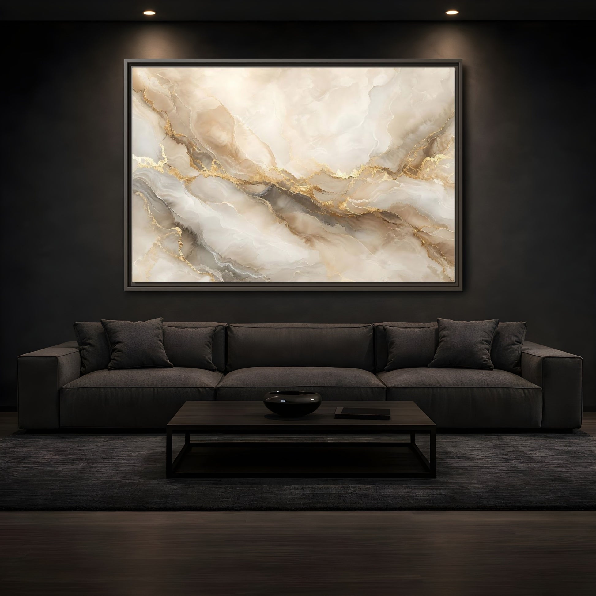 Mockup 3. Abstract Marble Pattern Gold And Beige shown as stretched canvas wall art