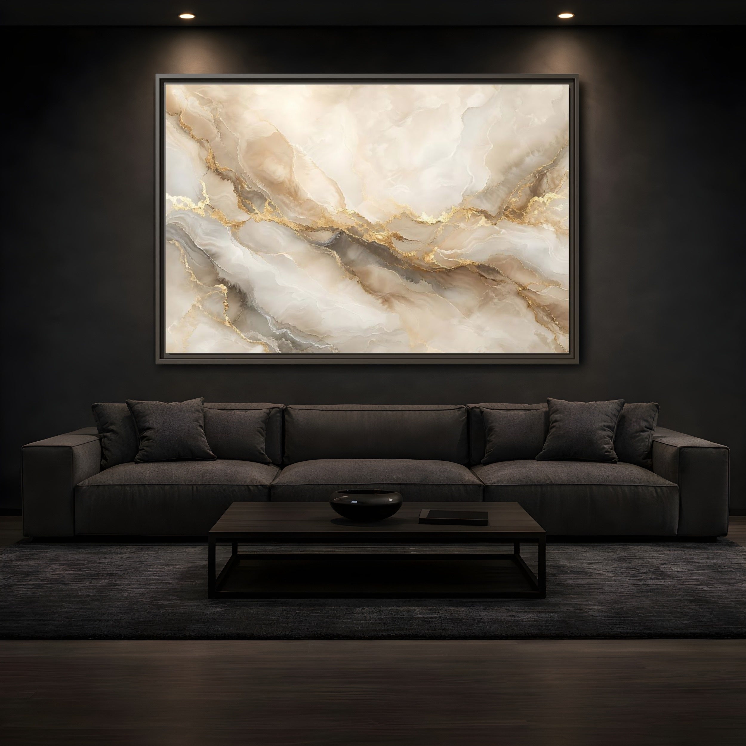 Mockup 3. Abstract Marble Pattern Gold And Beige shown as stretched canvas wall art