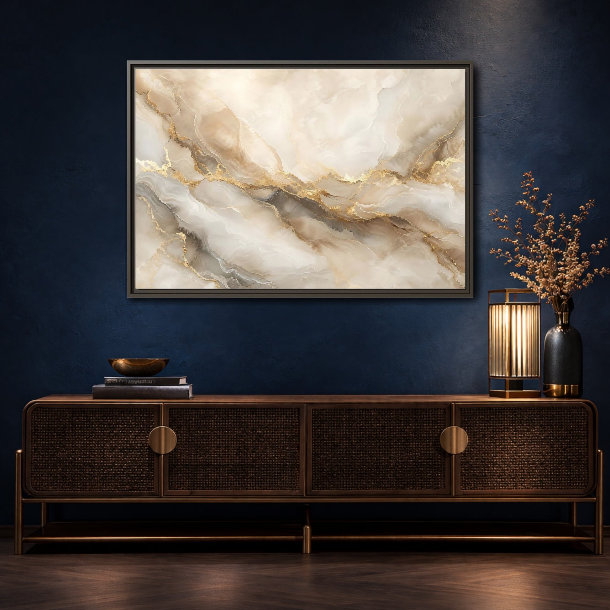 Mockup 4. Abstract Marble Pattern Gold And Beige shown as stretched canvas wall art