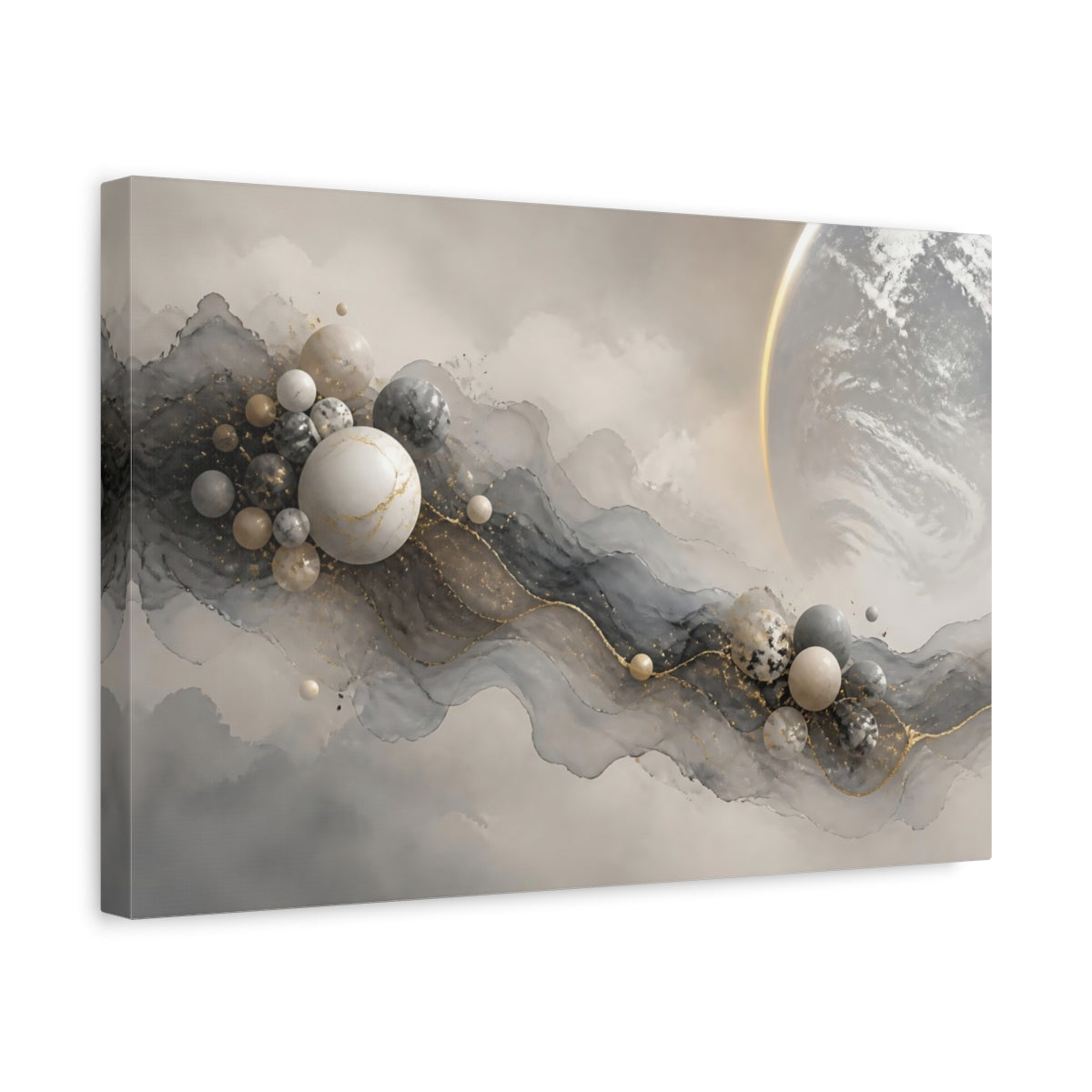 Side Mockup 4. Abstract Marble Spheres shown as canvas print