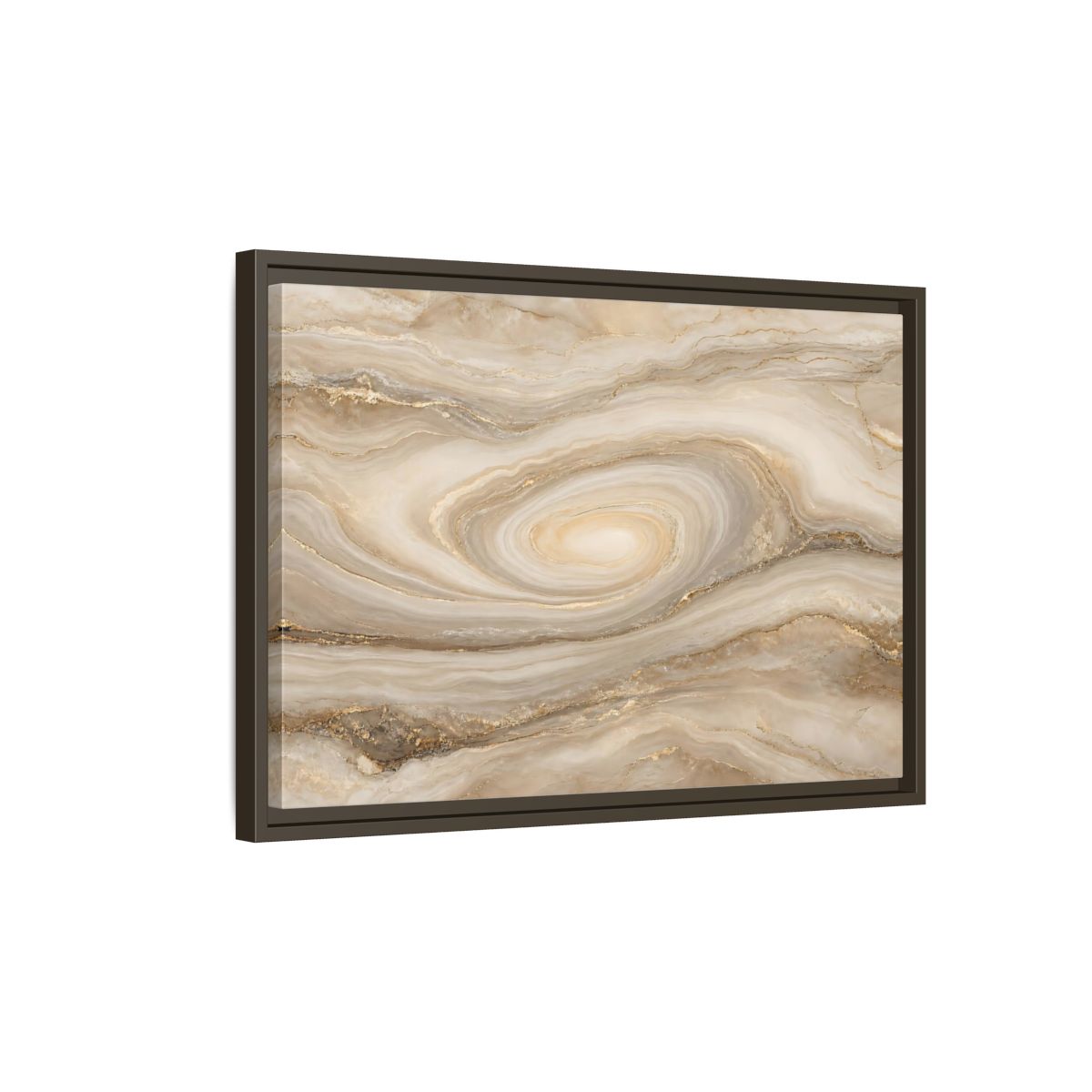 Side Mockup 2. Abstract Marble Swirl Beige Gold Swirl shown as stretched canvas wall art