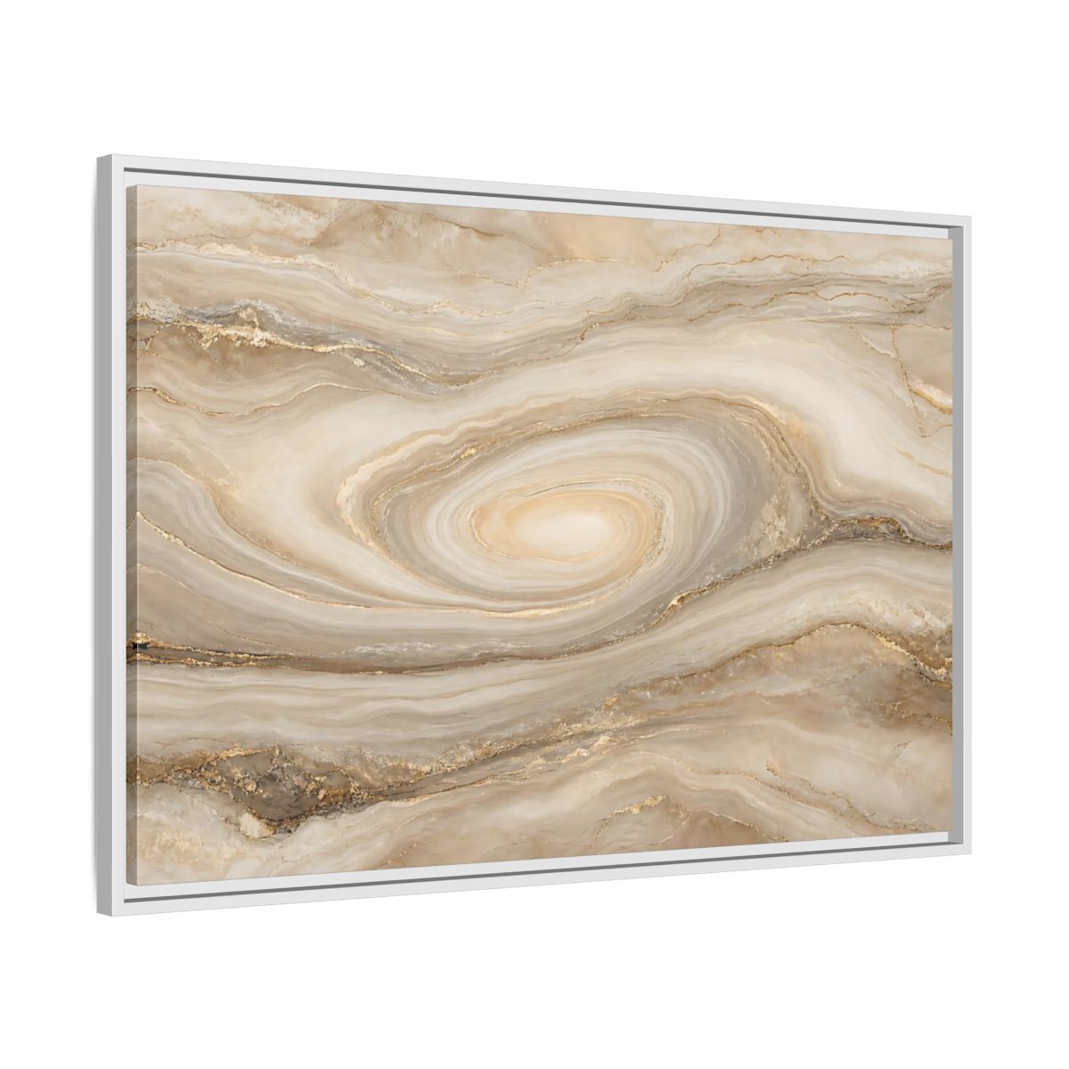 Side Mockup 9. Abstract Marble Swirl Beige Gold Swirl shown as stretched canvas wall art