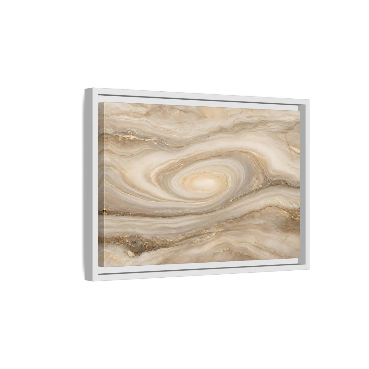 Side Mockup 4. Abstract Marble Swirl Beige Gold Swirl shown as stretched canvas wall art