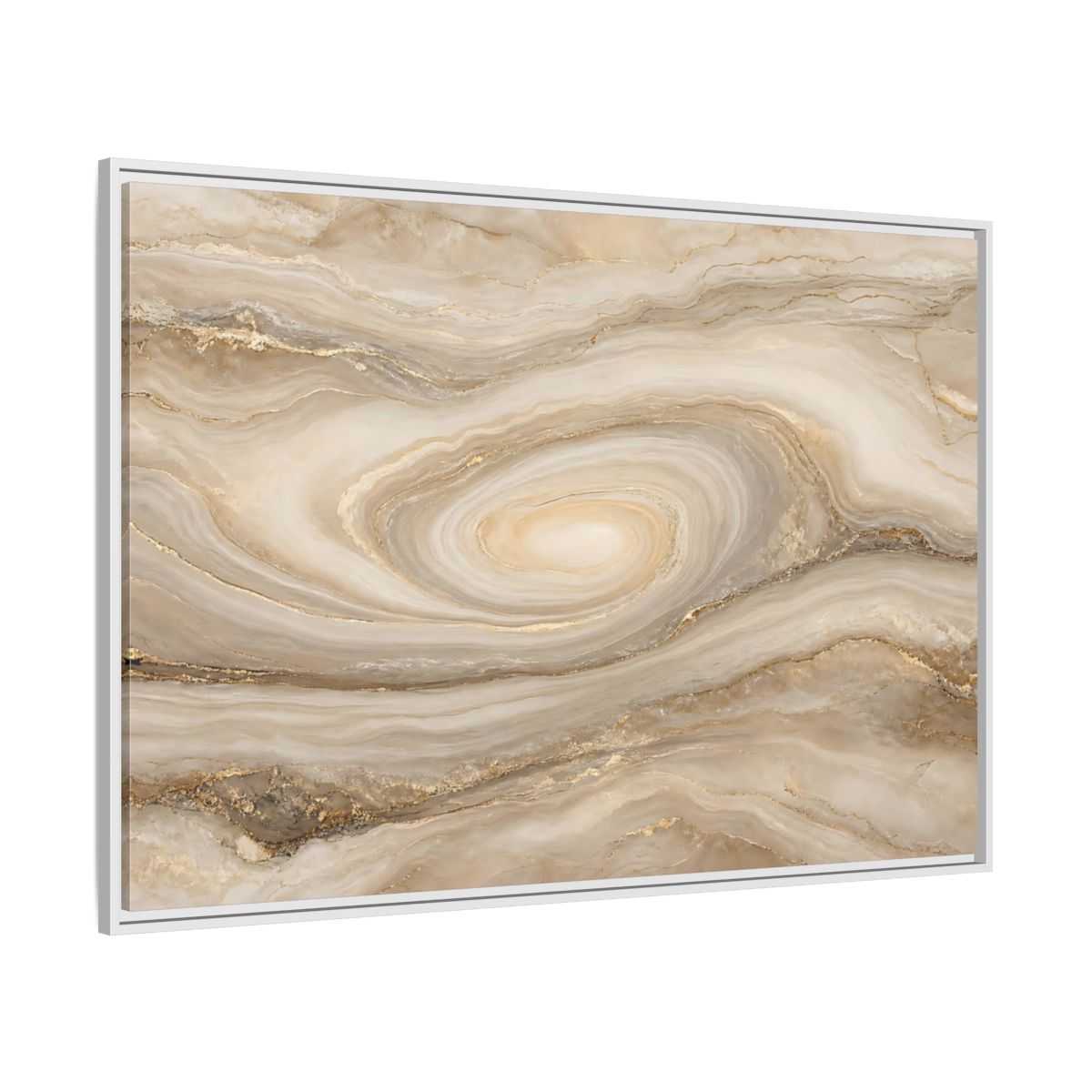 Side Mockup 7. Abstract Marble Swirl Beige Gold Swirl shown as stretched canvas wall art