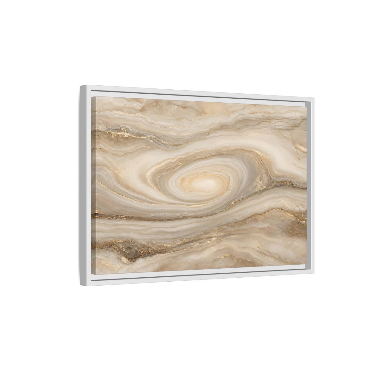 Side Mockup 1. Abstract Marble Swirl Beige Gold Swirl shown as stretched canvas wall art