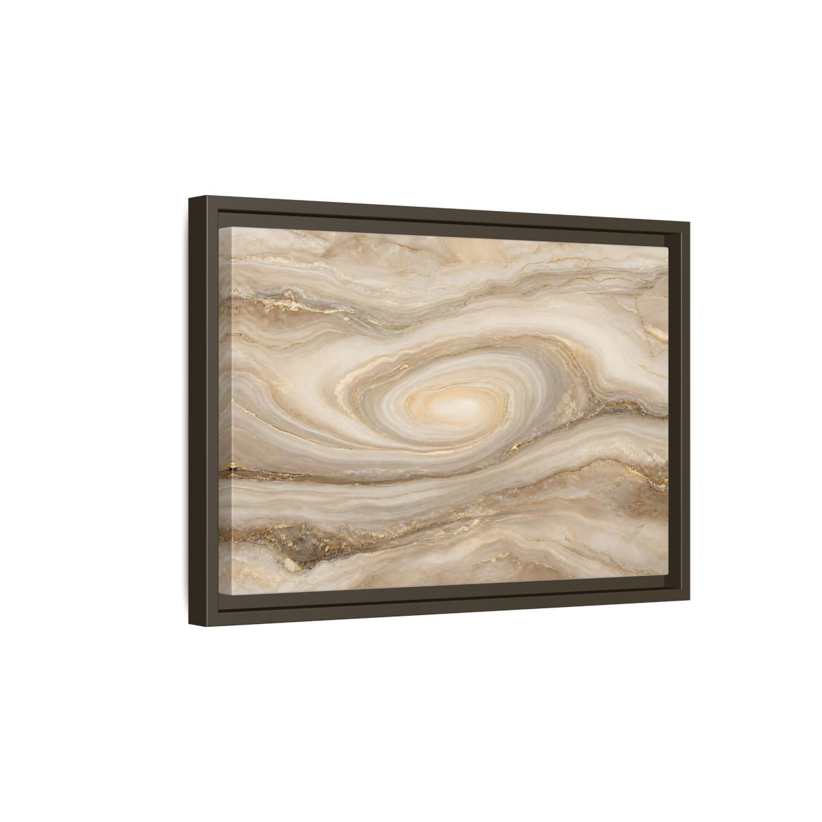 Side Mockup 5. Abstract Marble Swirl Beige Gold Swirl shown as stretched canvas wall art