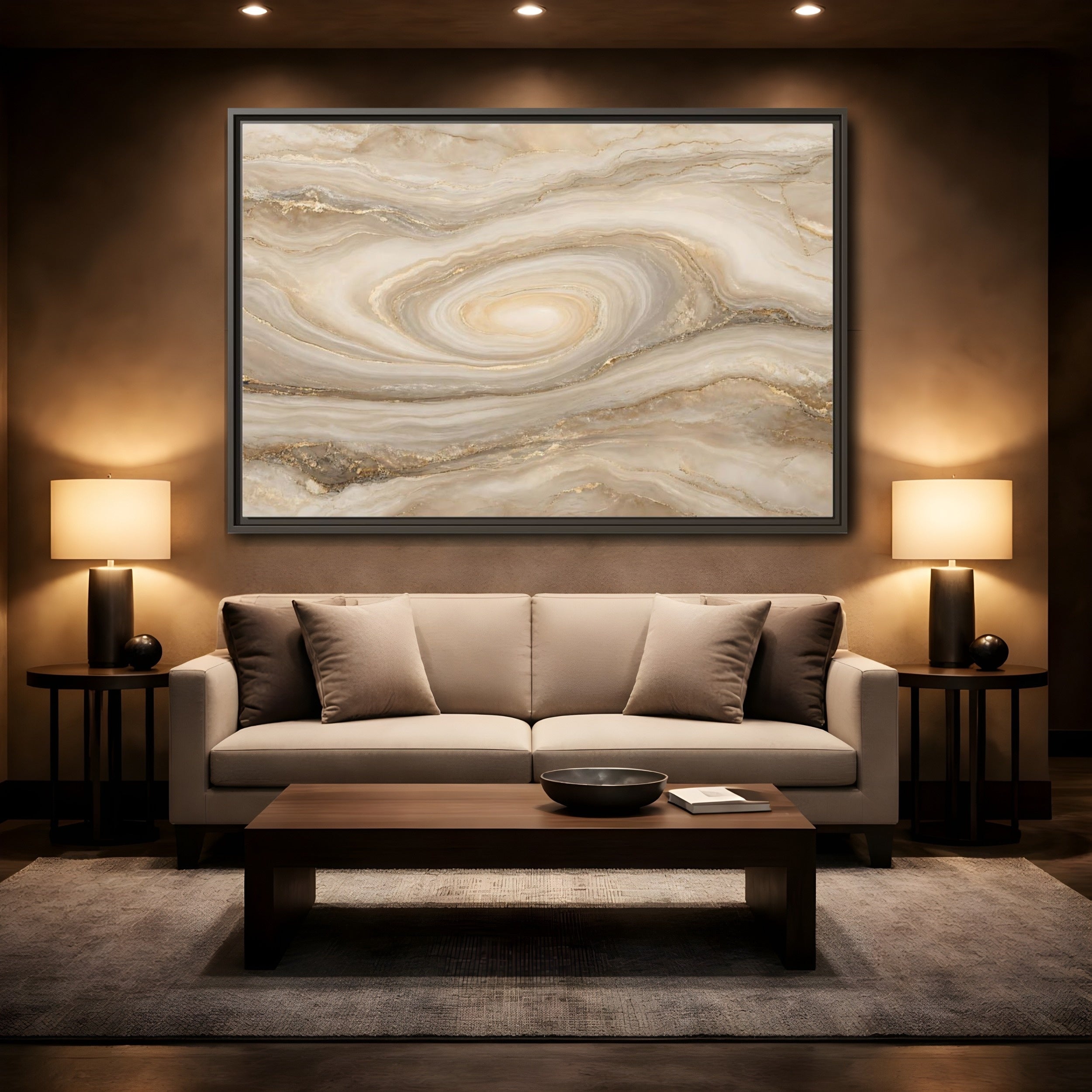 Mockup 2. Abstract Marble Swirl Beige Gold Swirl shown as stretched canvas wall art