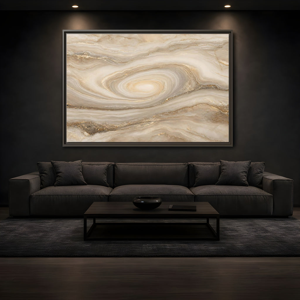 Mockup 3. Abstract Marble Swirl Beige Gold Swirl shown as stretched canvas wall art