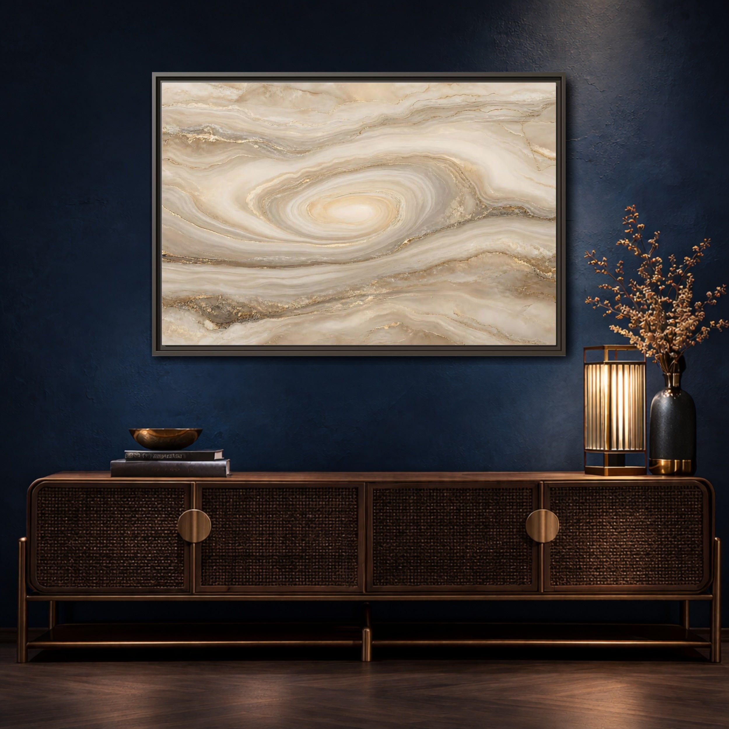 Mockup 4. Abstract Marble Swirl Beige Gold Swirl shown as stretched canvas wall art