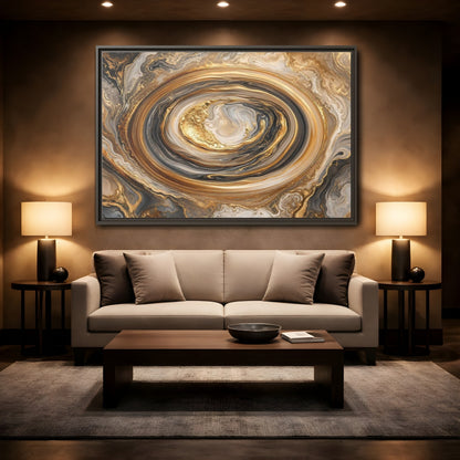 Mockup 2. Abstract Marble Swirl Gold Black White Abstract shown as stretched canvas wall art