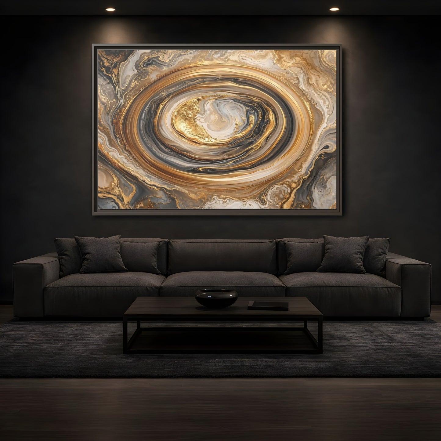 Mockup 3. Abstract Marble Swirl Gold Black White Abstract shown as stretched canvas wall art