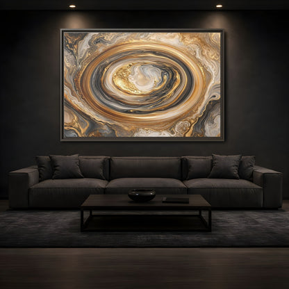 Mockup 3. Abstract Marble Swirl Gold Black White Abstract shown as stretched canvas wall art