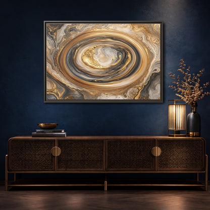 Mockup 4. Abstract Marble Swirl Gold Black White Abstract shown as stretched canvas wall art