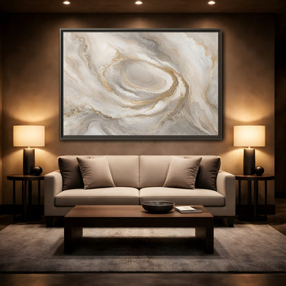 Mockup 2. Abstract Marble Swirl Neutral Gold Swirl shown as stretched canvas wall art