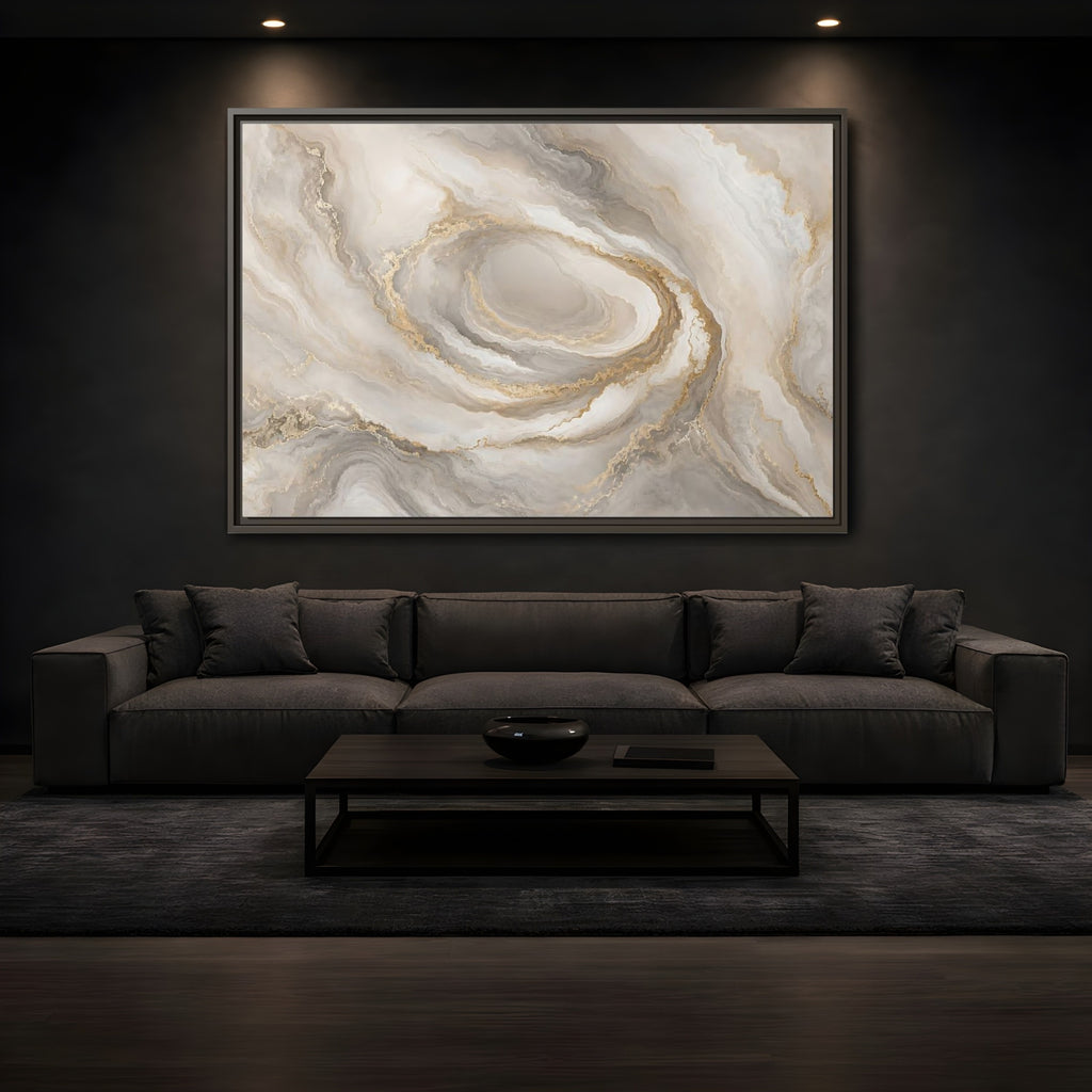 Mockup 3. Abstract Marble Swirl Neutral Gold Swirl shown as stretched canvas wall art