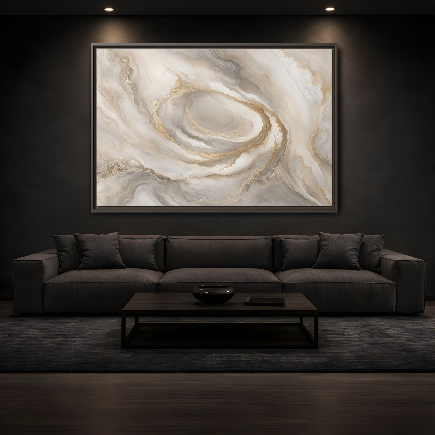 Mockup 3. Abstract Marble Swirl Neutral Gold Swirl shown as stretched canvas wall art