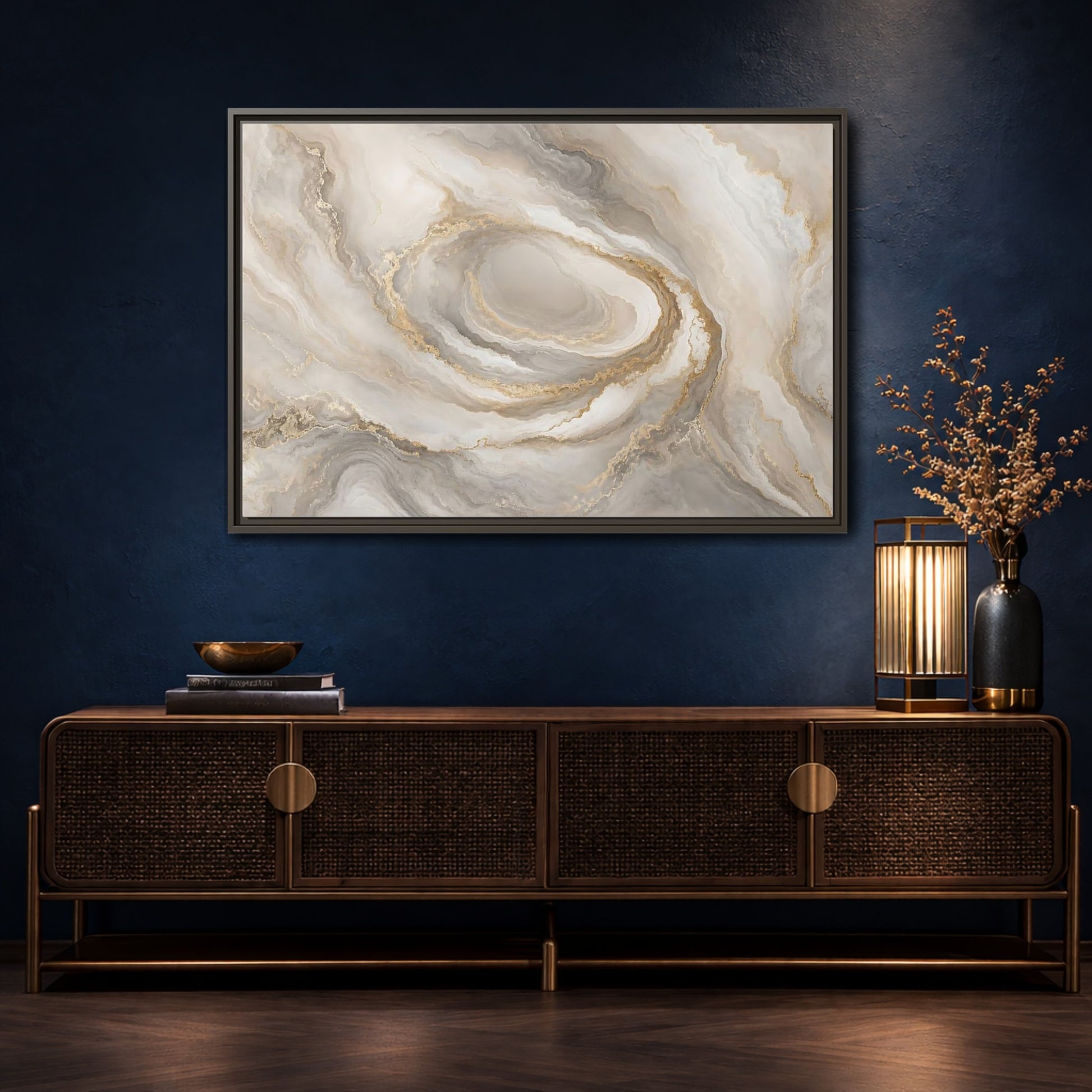 Mockup 4. Abstract Marble Swirl Neutral Gold Swirl shown as stretched canvas wall art