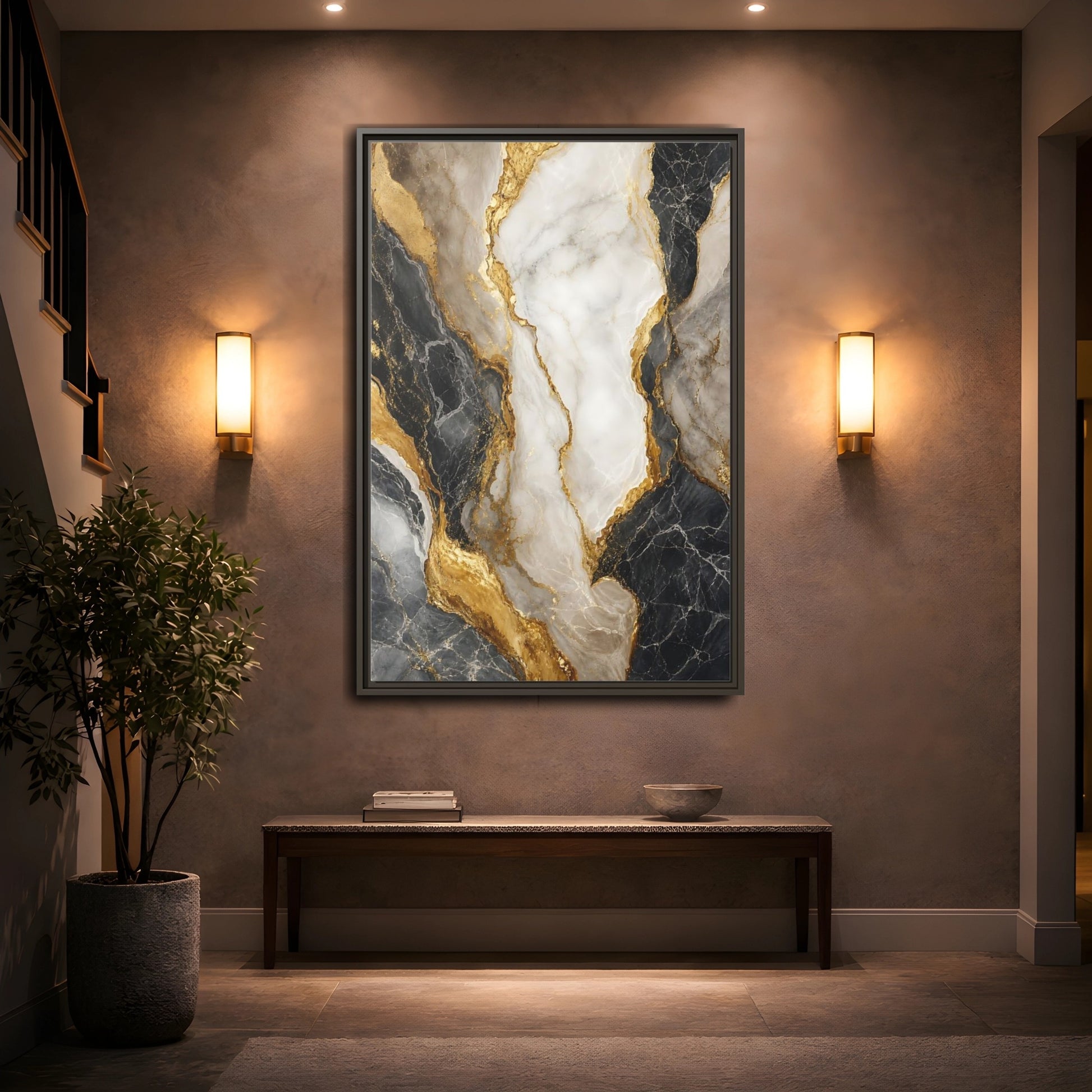 Abstract Marble Texture Black White Gold Framed Canvas Wall Art - Living Room shown as canvas wall art