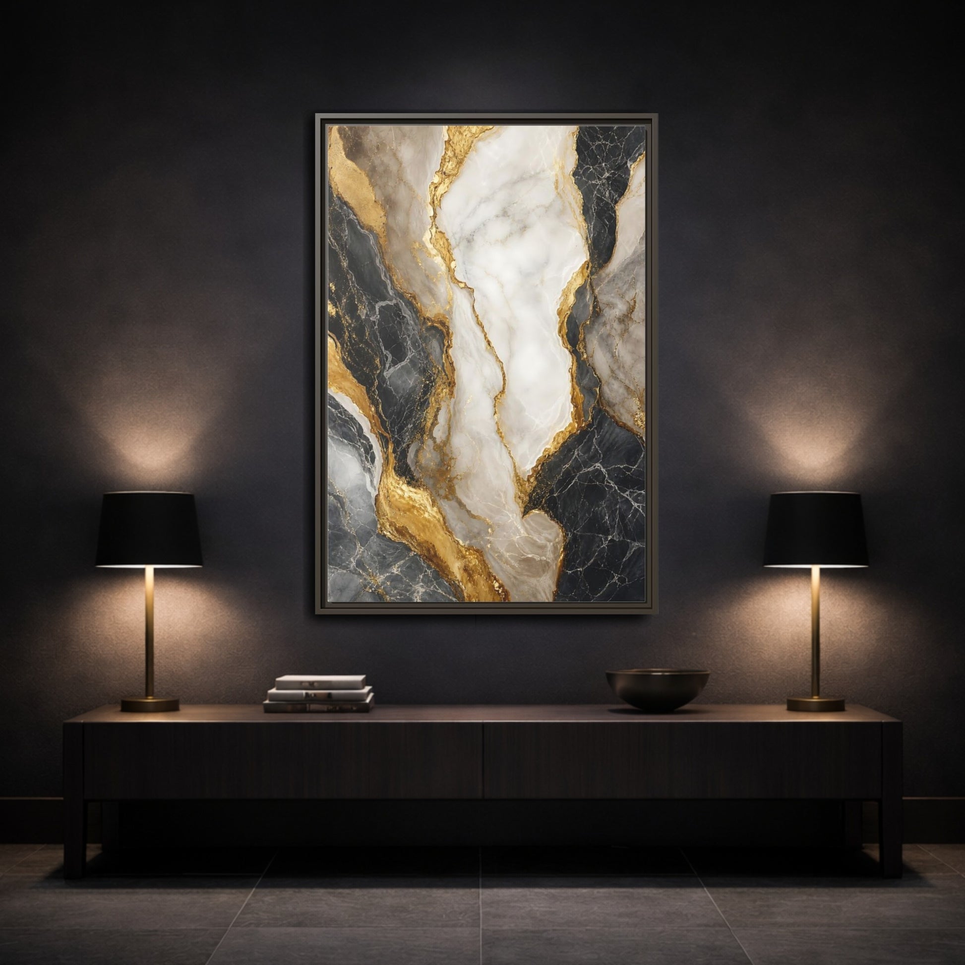 Abstract Marble Texture Black White Gold Framed Canvas Wall Art - Living Room shown as canvas wall art