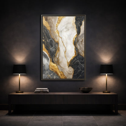 Abstract Marble Texture Black White Gold Framed Canvas Wall Art - Living Room shown as canvas wall art