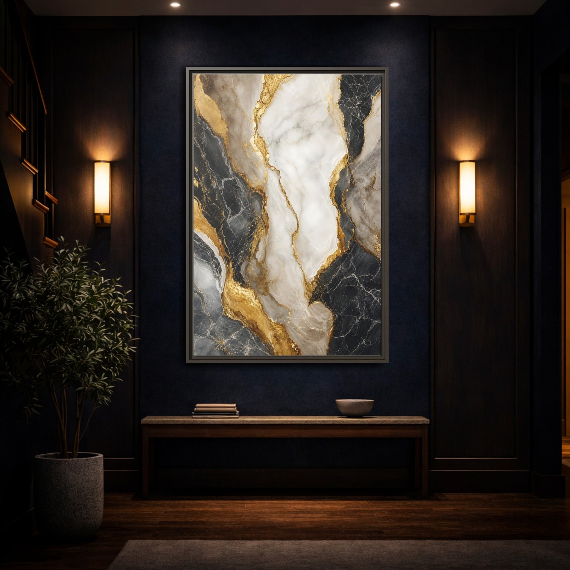 Abstract Marble Texture Black White Gold Framed Canvas Wall Art - Living Room shown as canvas wall art