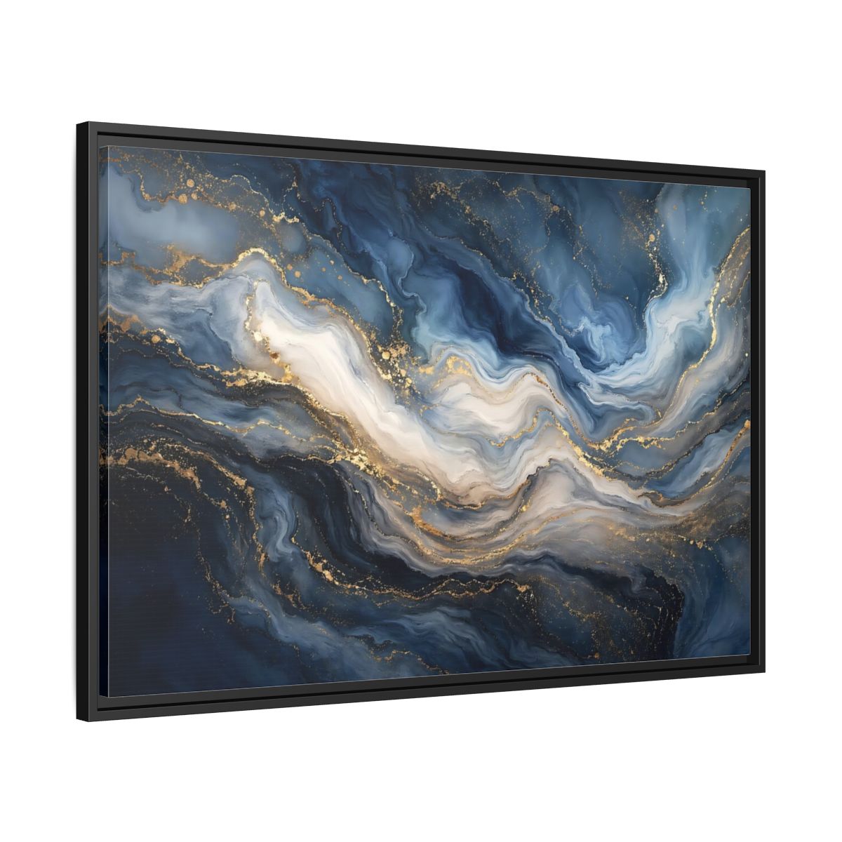 Side Mockup 13. Abstract Marble Texture Blue And Gold shown as stretched canvas wall art