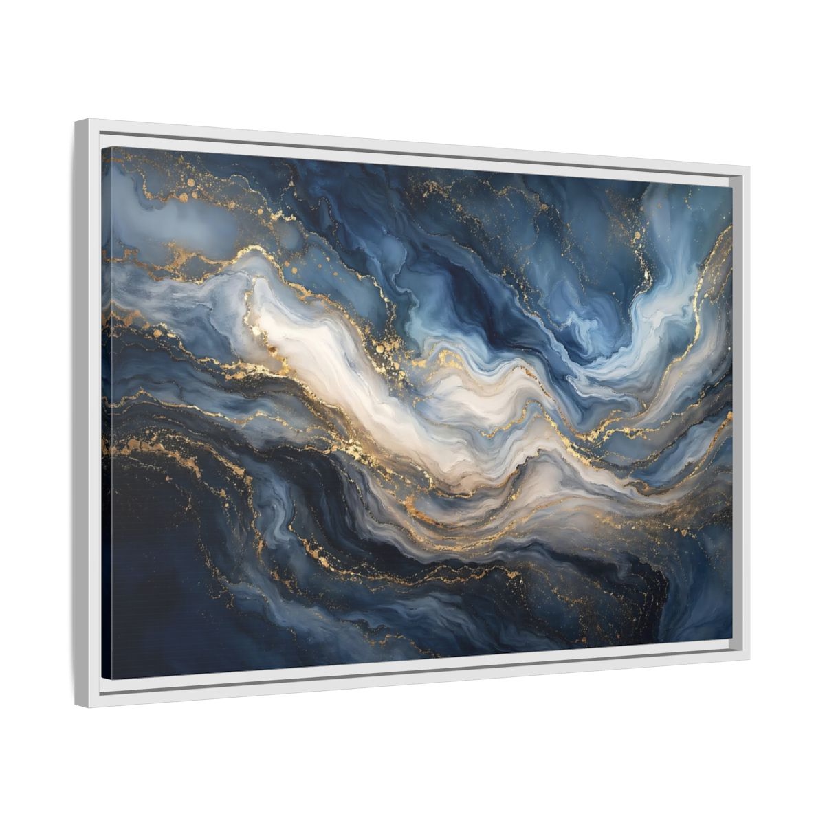 Side Mockup 10. Abstract Marble Texture Blue And Gold shown as stretched canvas wall art