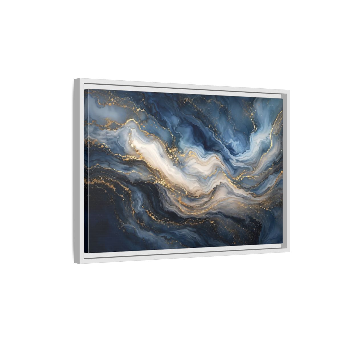 Side Mockup 1. Abstract Marble Texture Blue And Gold shown as stretched canvas wall art