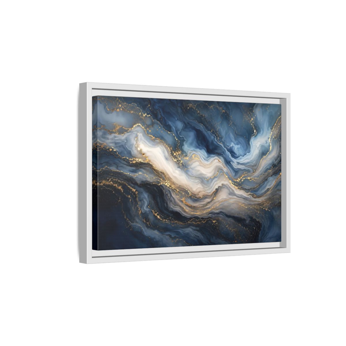 Side Mockup 4. Abstract Marble Texture Blue And Gold shown as stretched canvas wall art