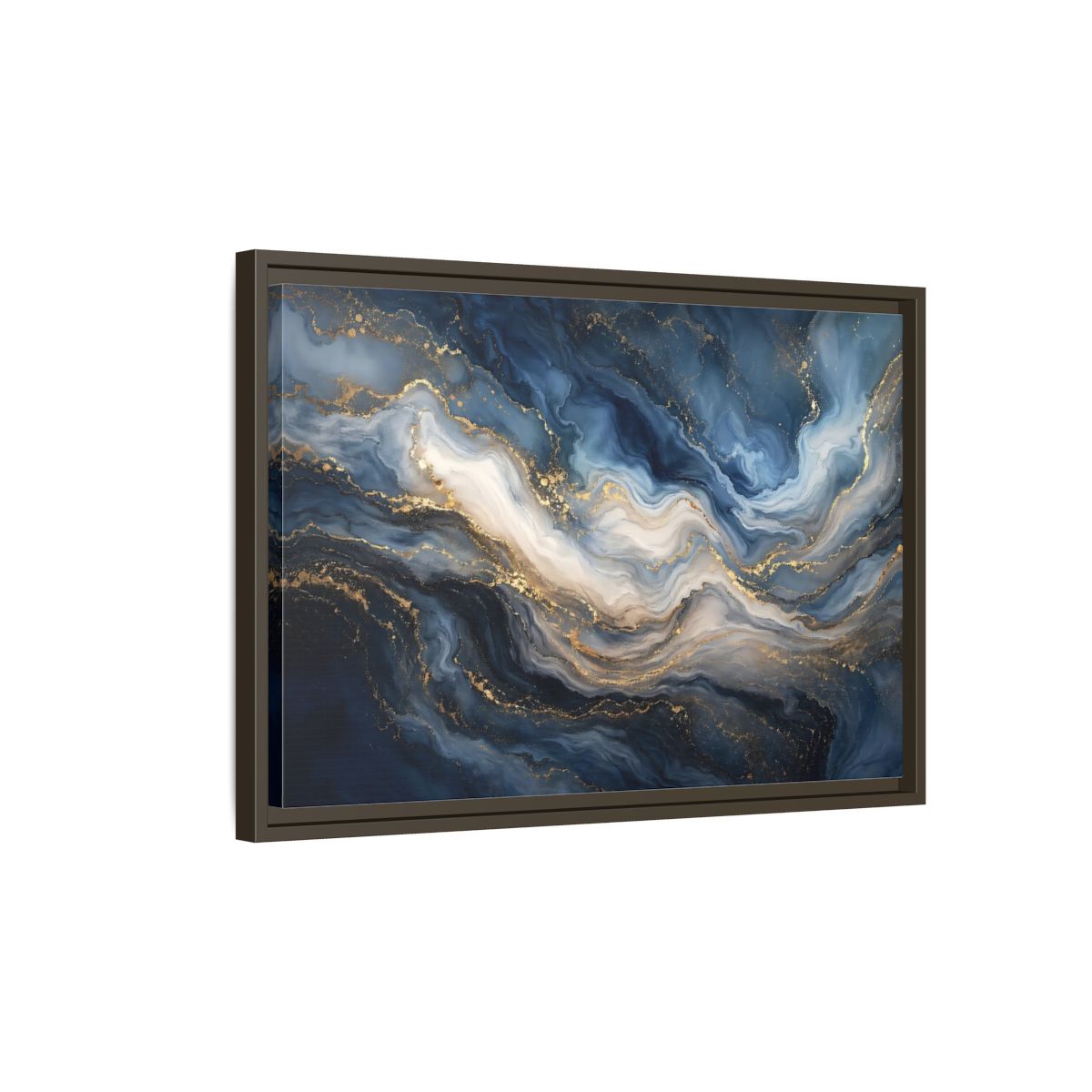 Side Mockup 2. Abstract Marble Texture Blue And Gold shown as stretched canvas wall art
